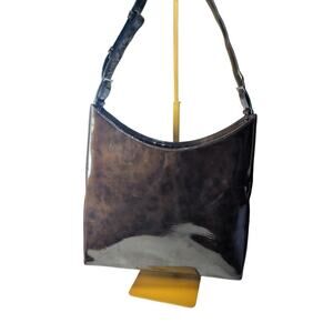 Salvatore Ferragamo Authentic Brown Patent Leather Structured Shoulder Bag EUC